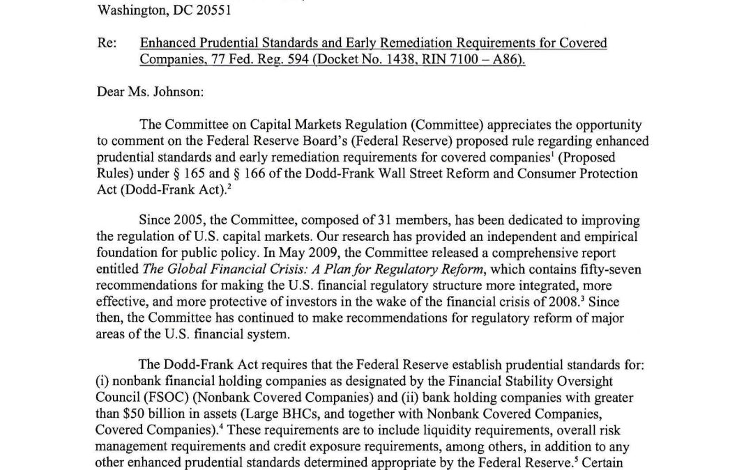 Comment Letter to Fed on Proposed Rule Regarding Enhanced Prudential Standards and Early Remediation Requirements for Covered Companies