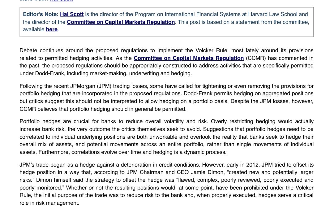 Statement on Hedging under the Volcker Rule