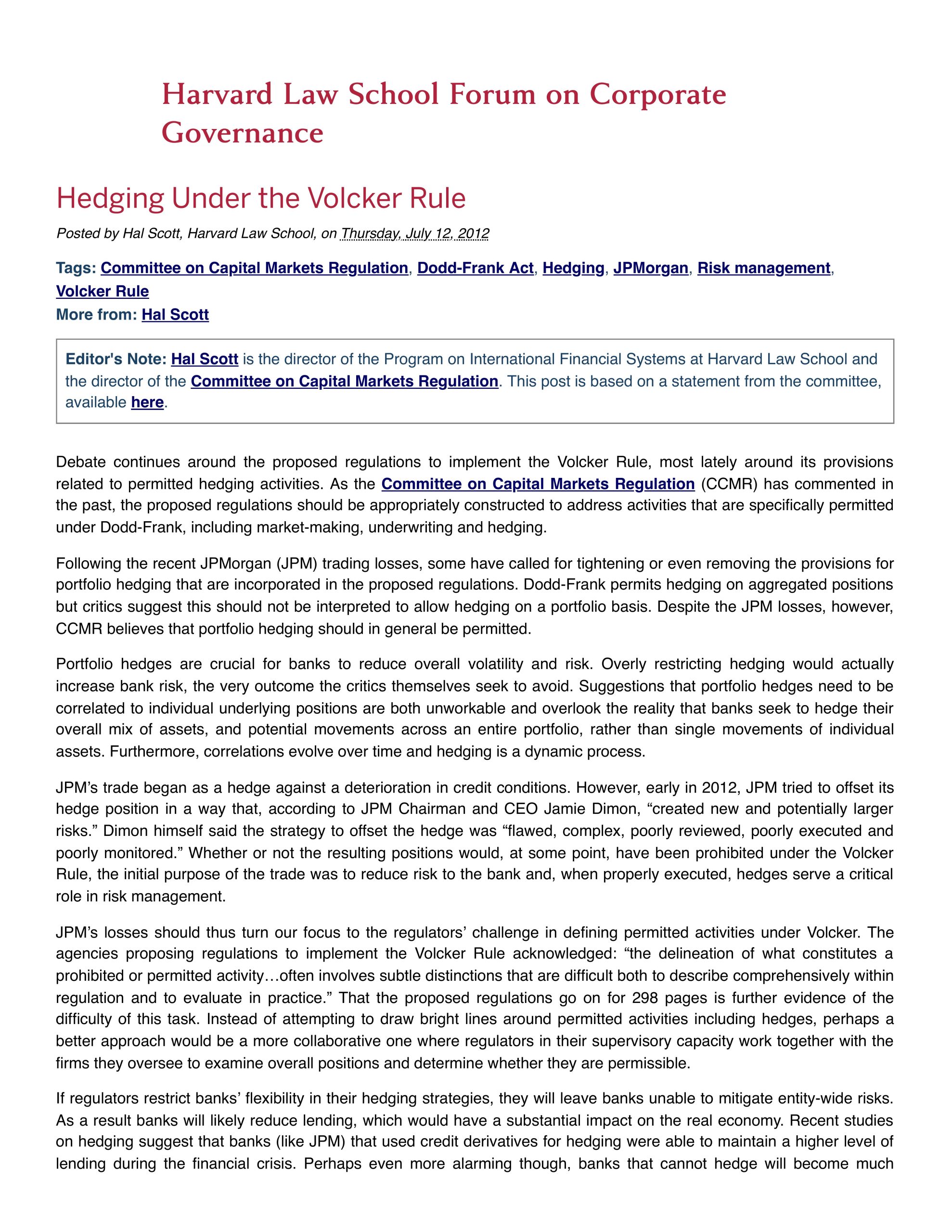 Statement on Hedging under the Volcker Rule
