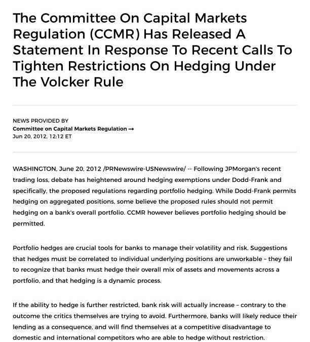Statement on Hedging under the Volcker Rule