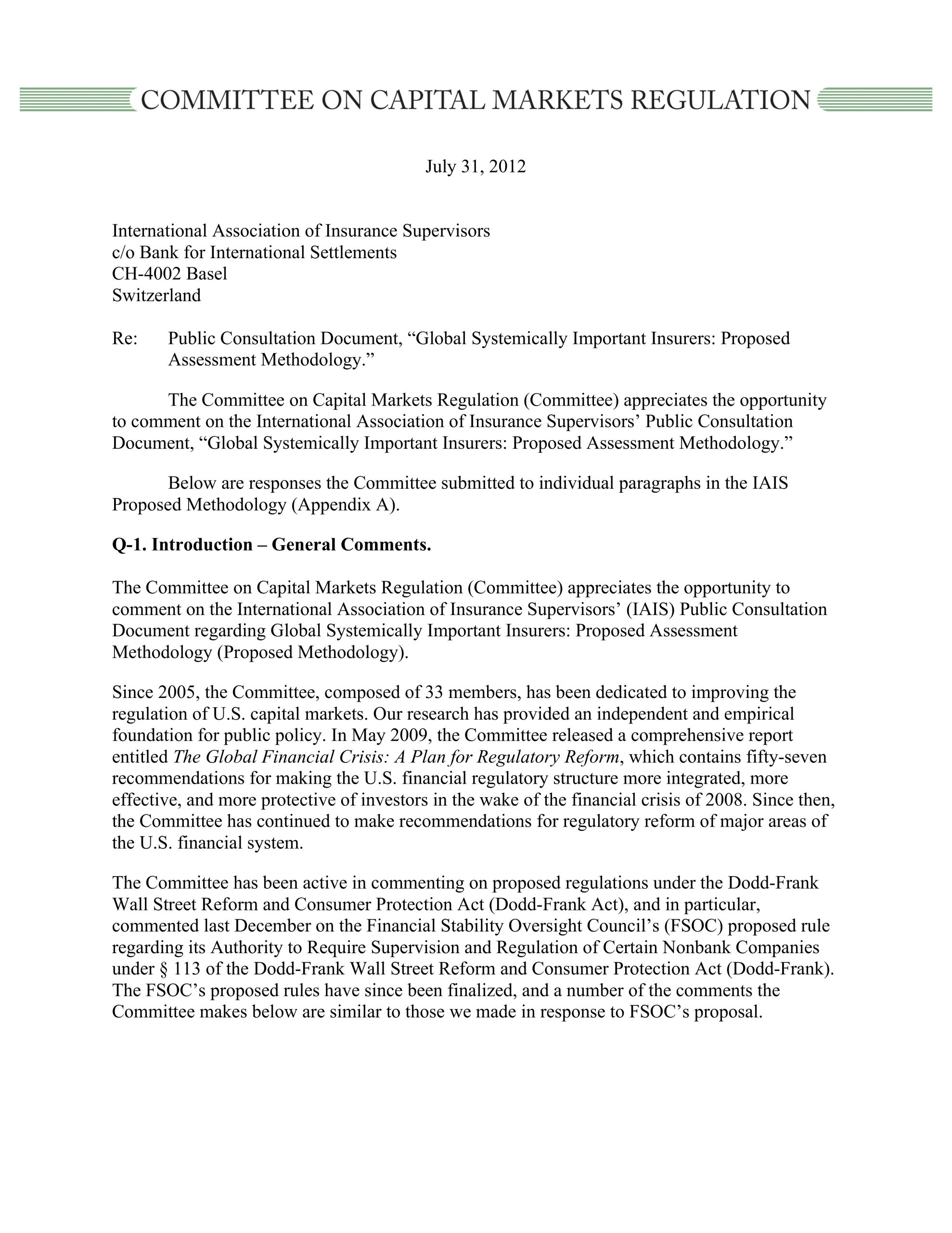 Comment Letter to IAIS Regarding Their Public Consultation Document, “Global Systemically Important Insurers: Proposed Assessment Methodology”