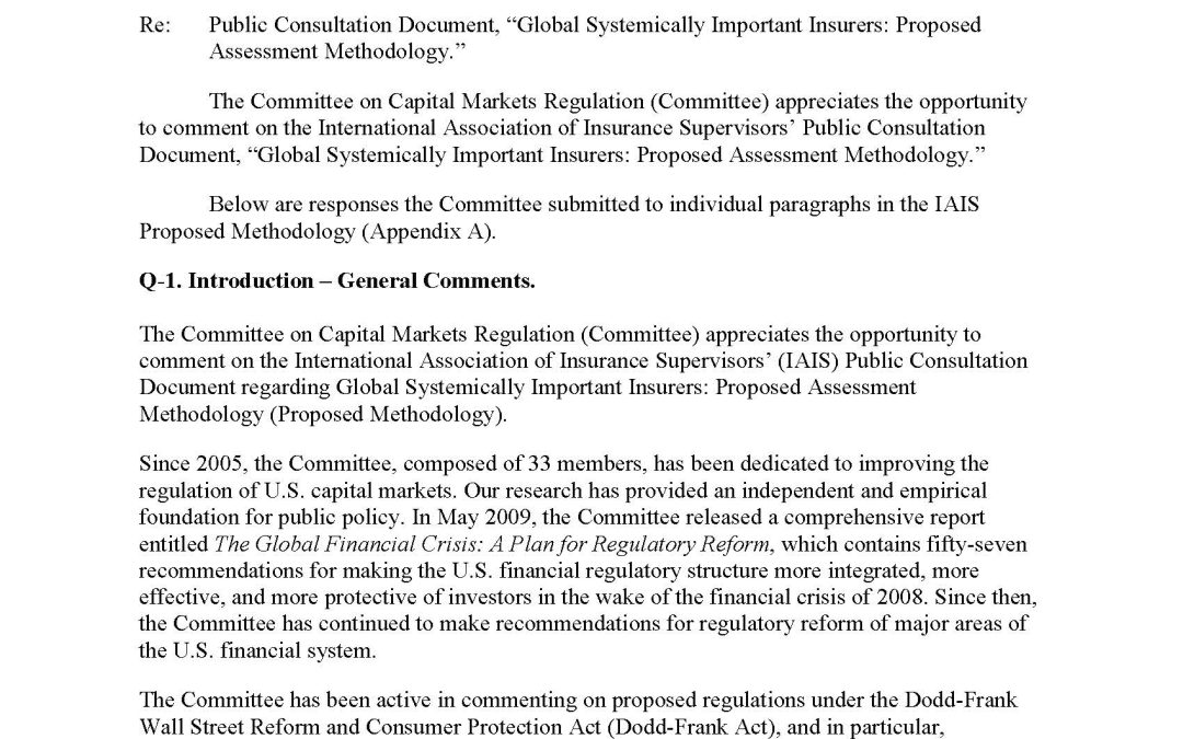 Comment Letter to IAIS Regarding Their Public Consultation Document, “Global Systemically Important Insurers: Proposed Assessment Methodology”