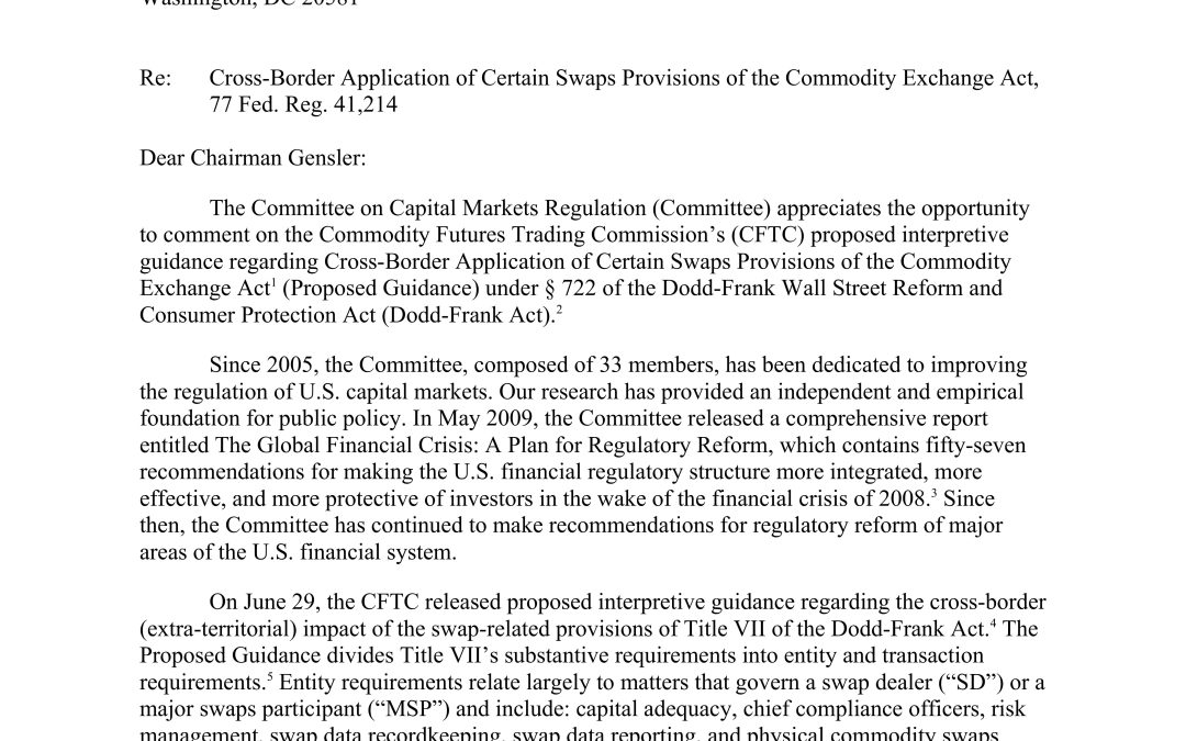 Comment Letter to CFTC on its Proposed Interpretative Guidance Regarding Cross-Border Application of Certain Swaps Provisions of the Commodity Exchange Act