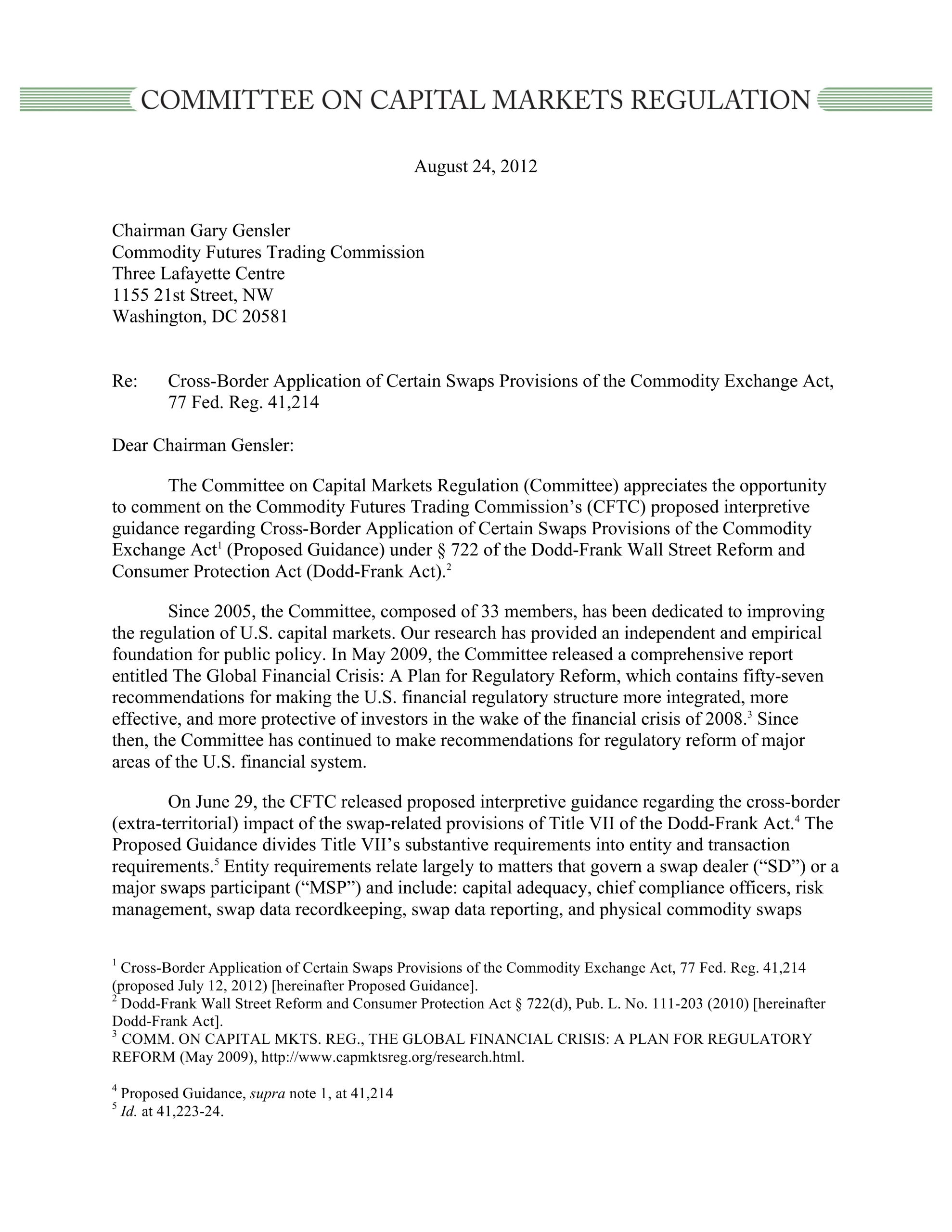 Comment Letter to CFTC on its Proposed Interpretative Guidance Regarding Cross-Border Application of Certain Swaps Provisions of the Commodity Exchange Act