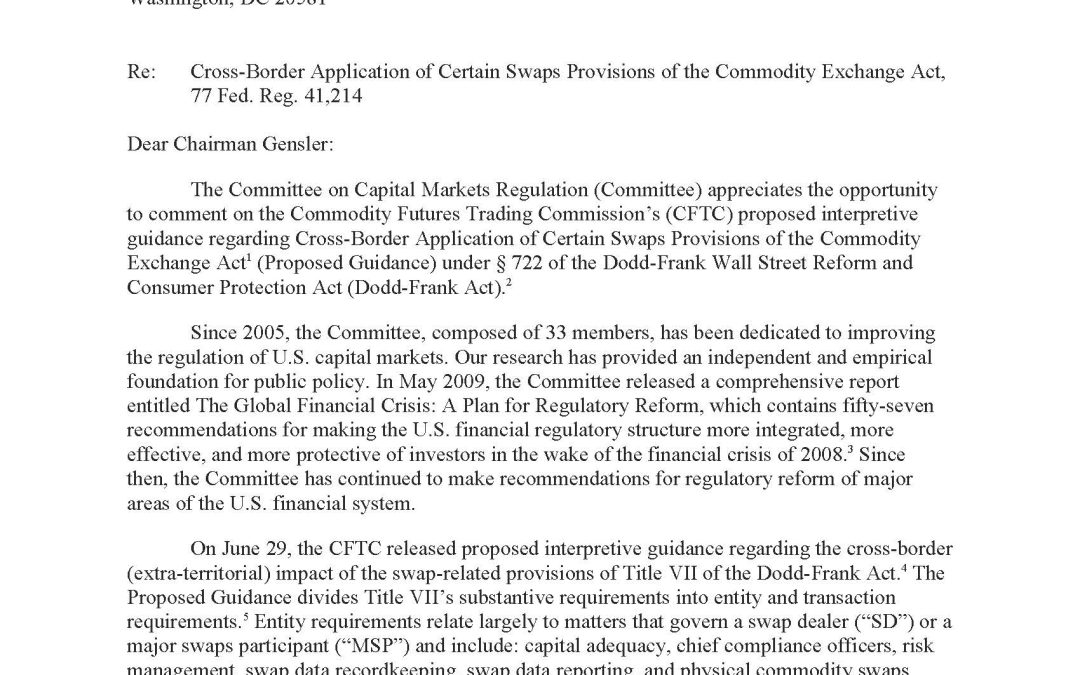 Comment Letter to CFTC on its Proposed Interpretative Guidance Regarding Cross-Border Application of Certain Swaps Provisions of the Commodity Exchange Act