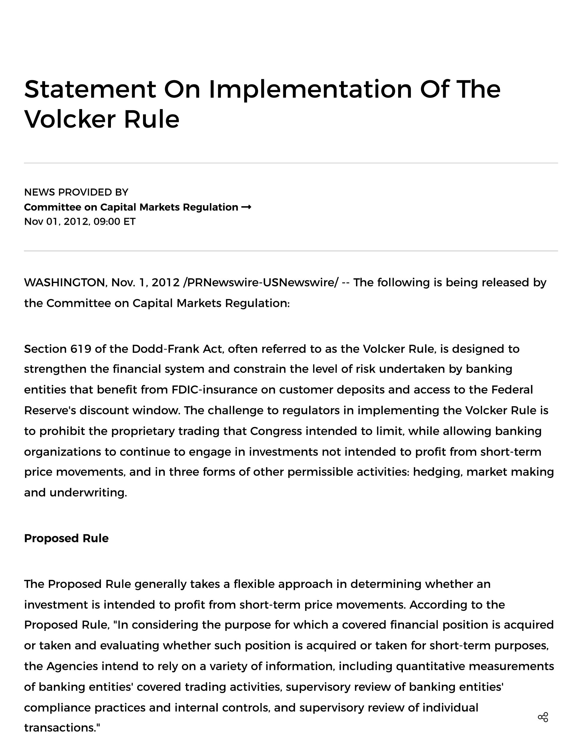 Statement on Implementation of the Volcker Rule