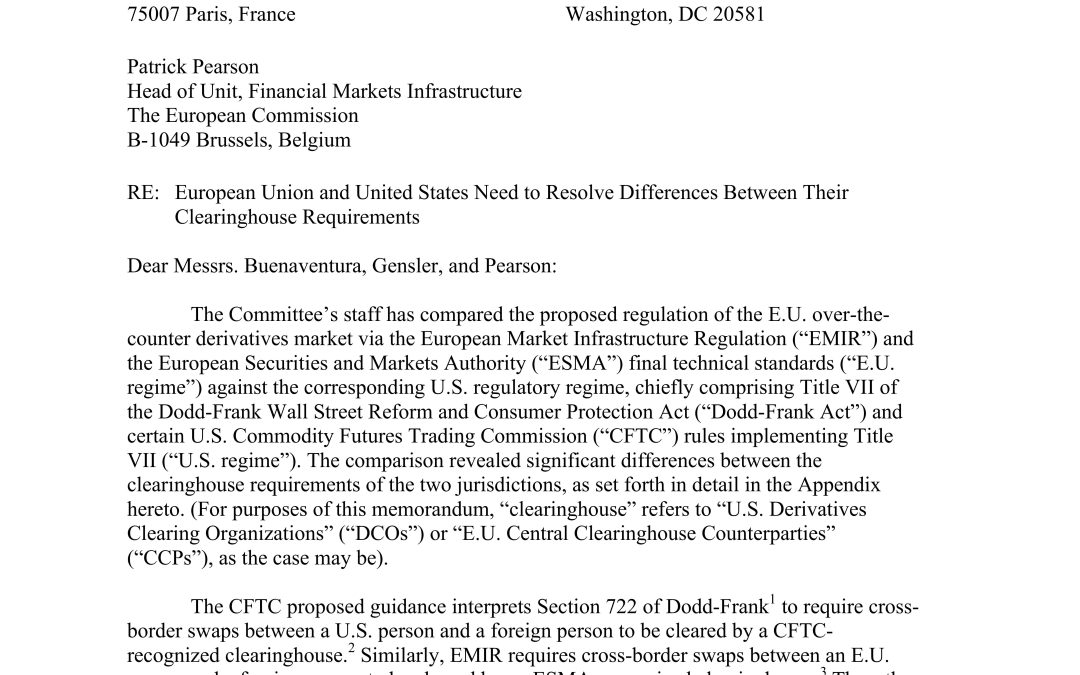 Comment Letter to E.U. and U.S. Regulators on Differences Between Clearinghouse Requirements in the Two Jurisdictions