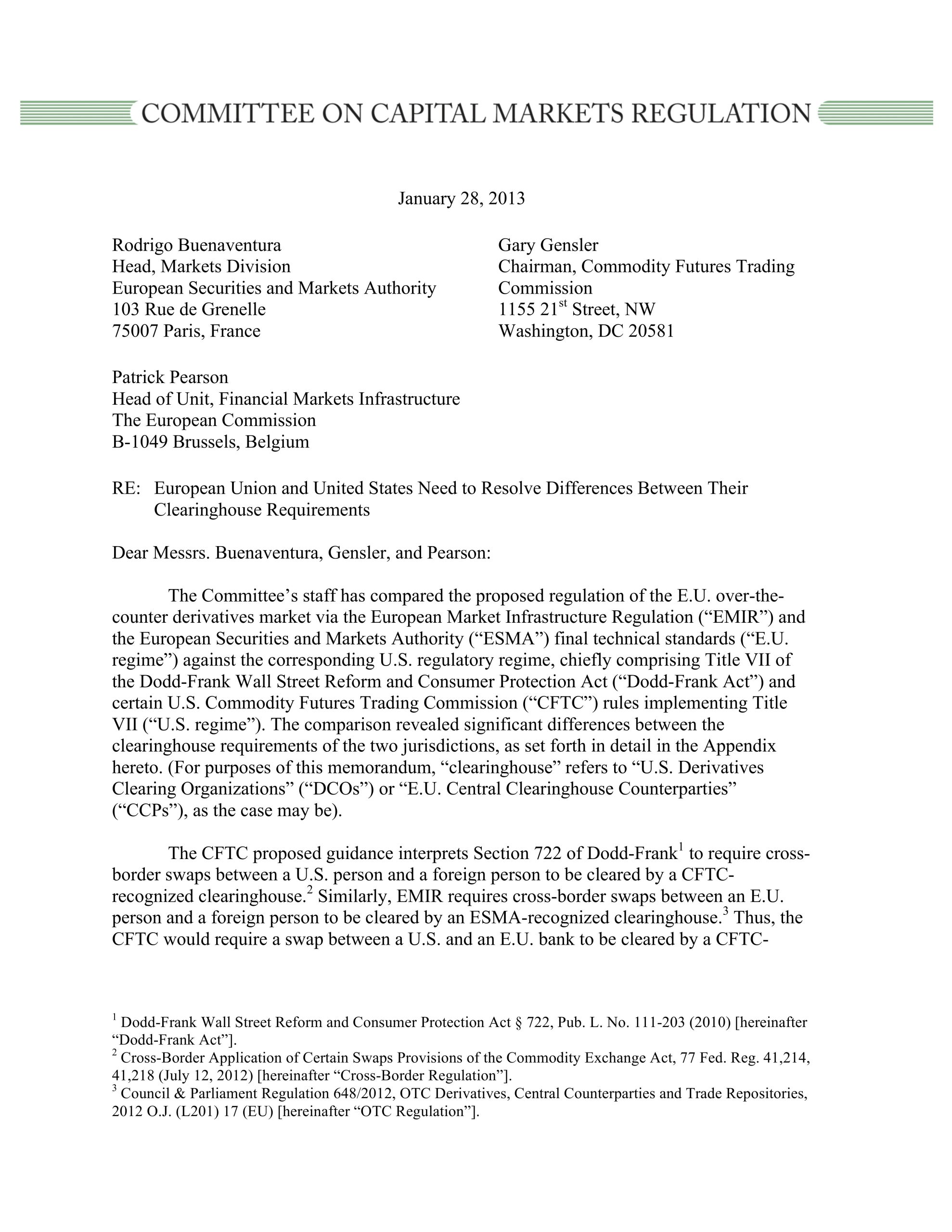 Comment Letter to E.U. and U.S. Regulators on Differences Between Clearinghouse Requirements in the Two Jurisdictions
