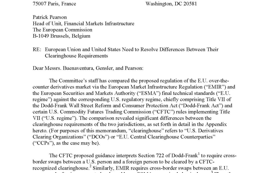 Comment Letter to E.U. and U.S. Regulators on Differences Between Clearinghouse Requirements in the Two Jurisdictions