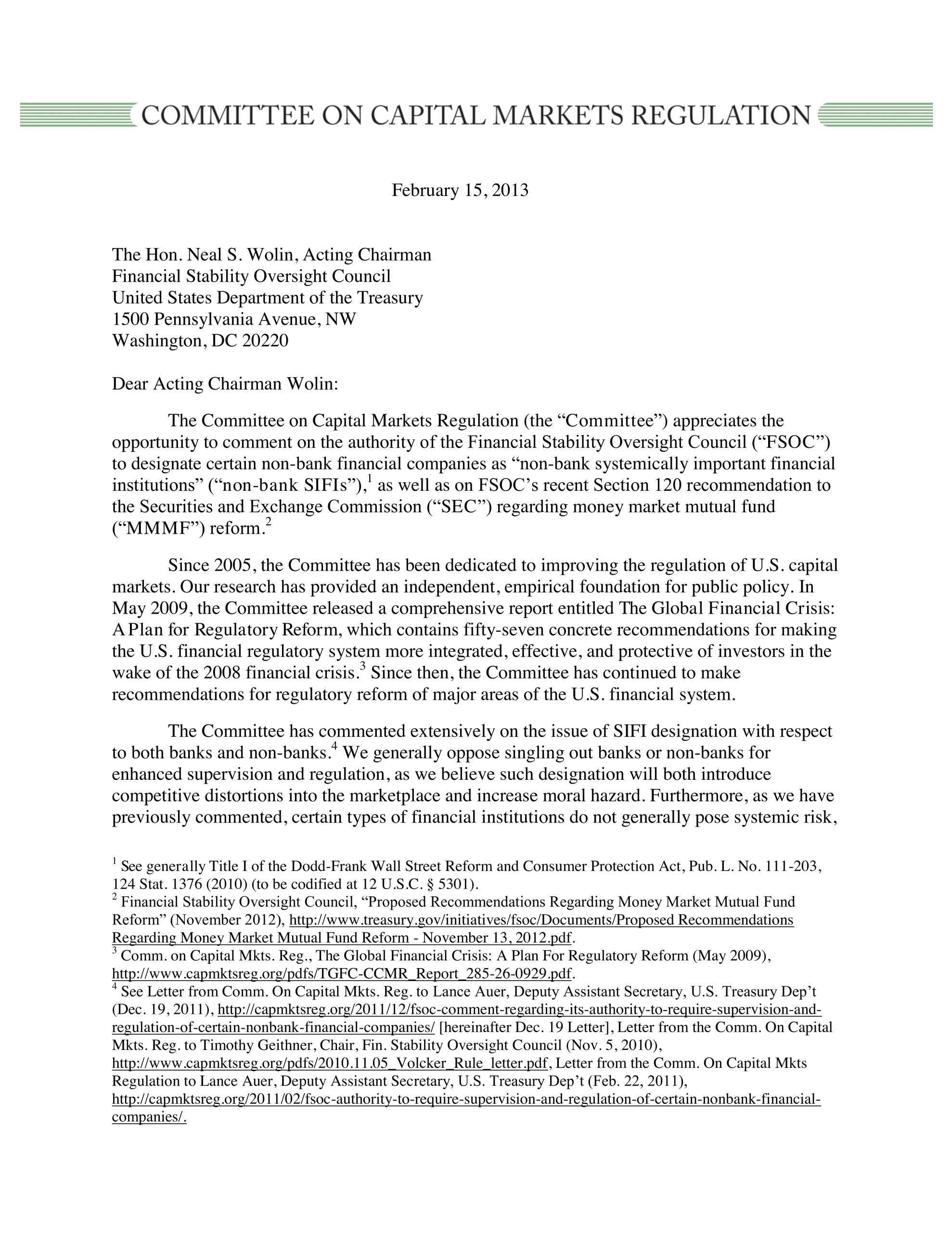 Comment Letters to FSOC on the Designation of “Non-Bank Systemically Important Financial Institutions” and FSOC’s Recommendation that the SEC Adopt a Floating Net Asset Value