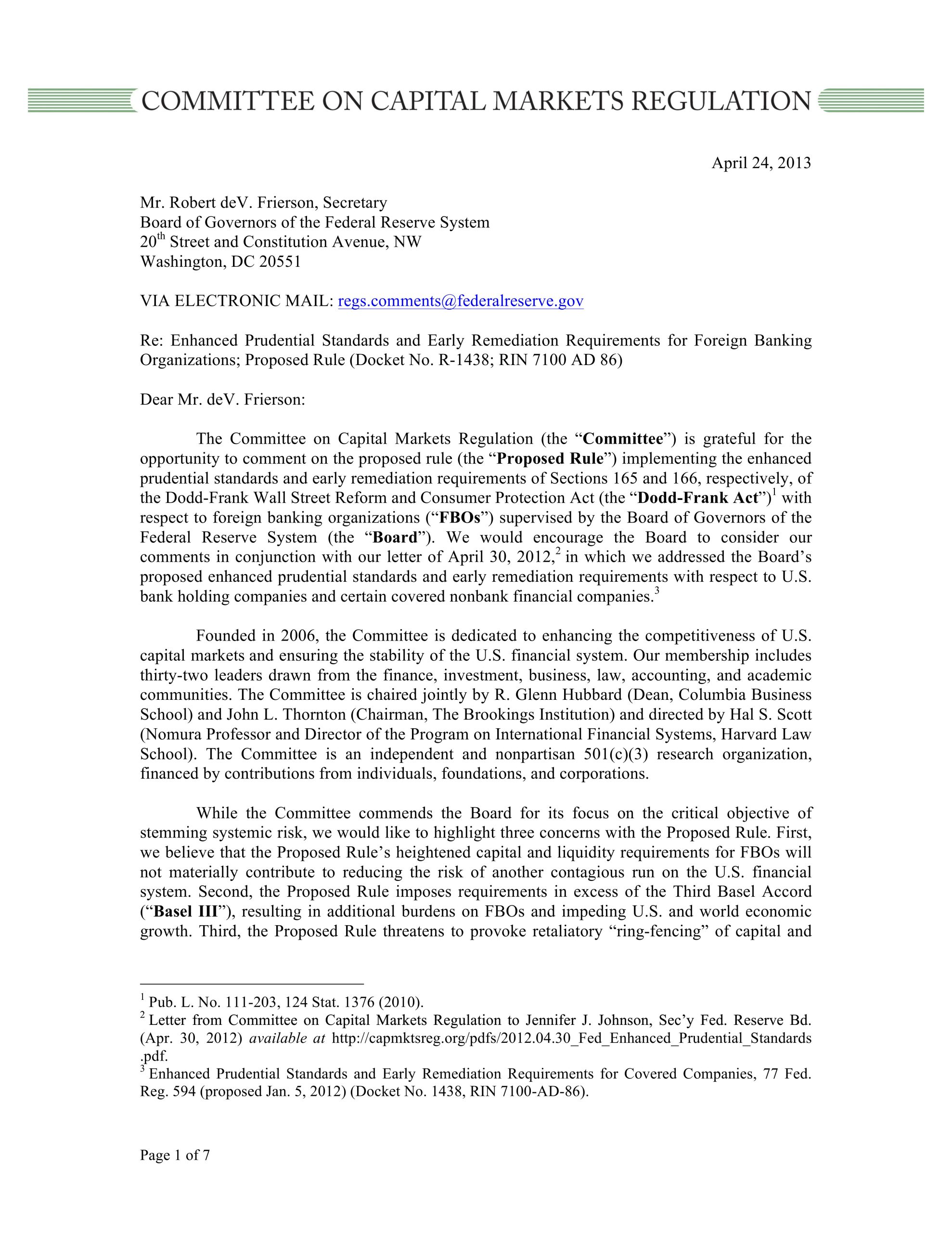 Comment Letter to the Federal Reserve on Proposed Rule to Implement Enhanced Prudential Standards for Foreign Banking Organizations