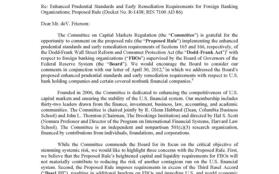 Comment Letter to the Federal Reserve on Proposed Rule to Implement Enhanced Prudential Standards for Foreign Banking Organizations