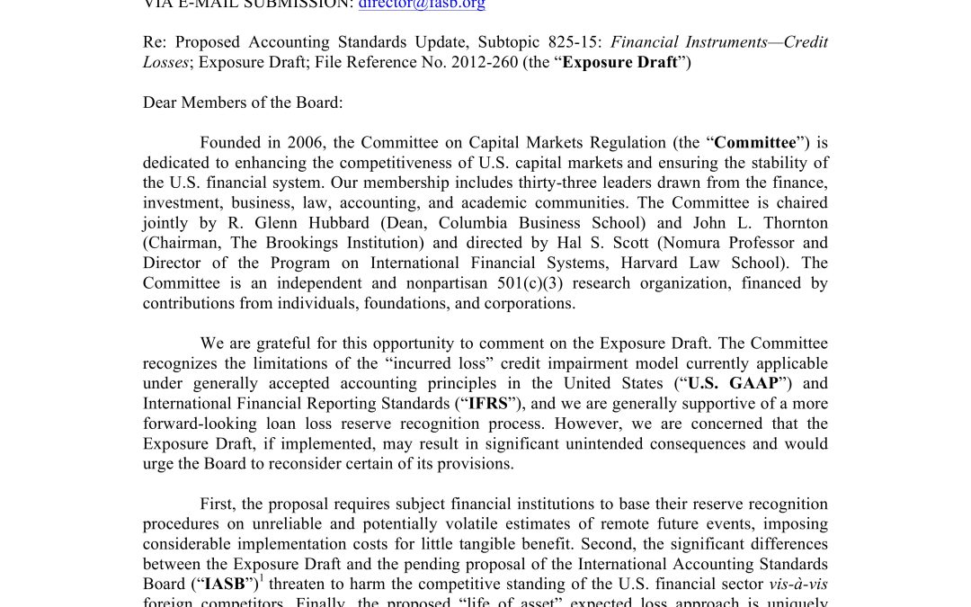 Comment Letter to the FASB on its Loan Loss Reserves Proposal