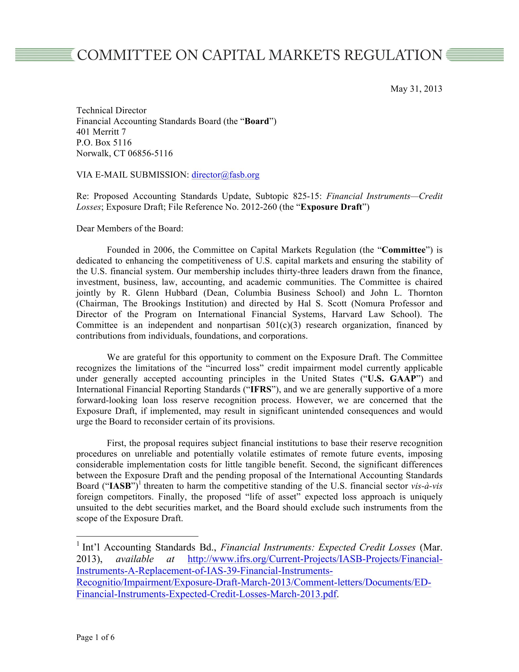 Comment Letter to the FASB on its Loan Loss Reserves Proposal