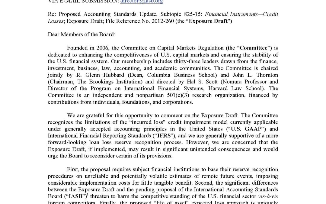 Comment Letter to the FASB on its Loan Loss Reserves Proposal