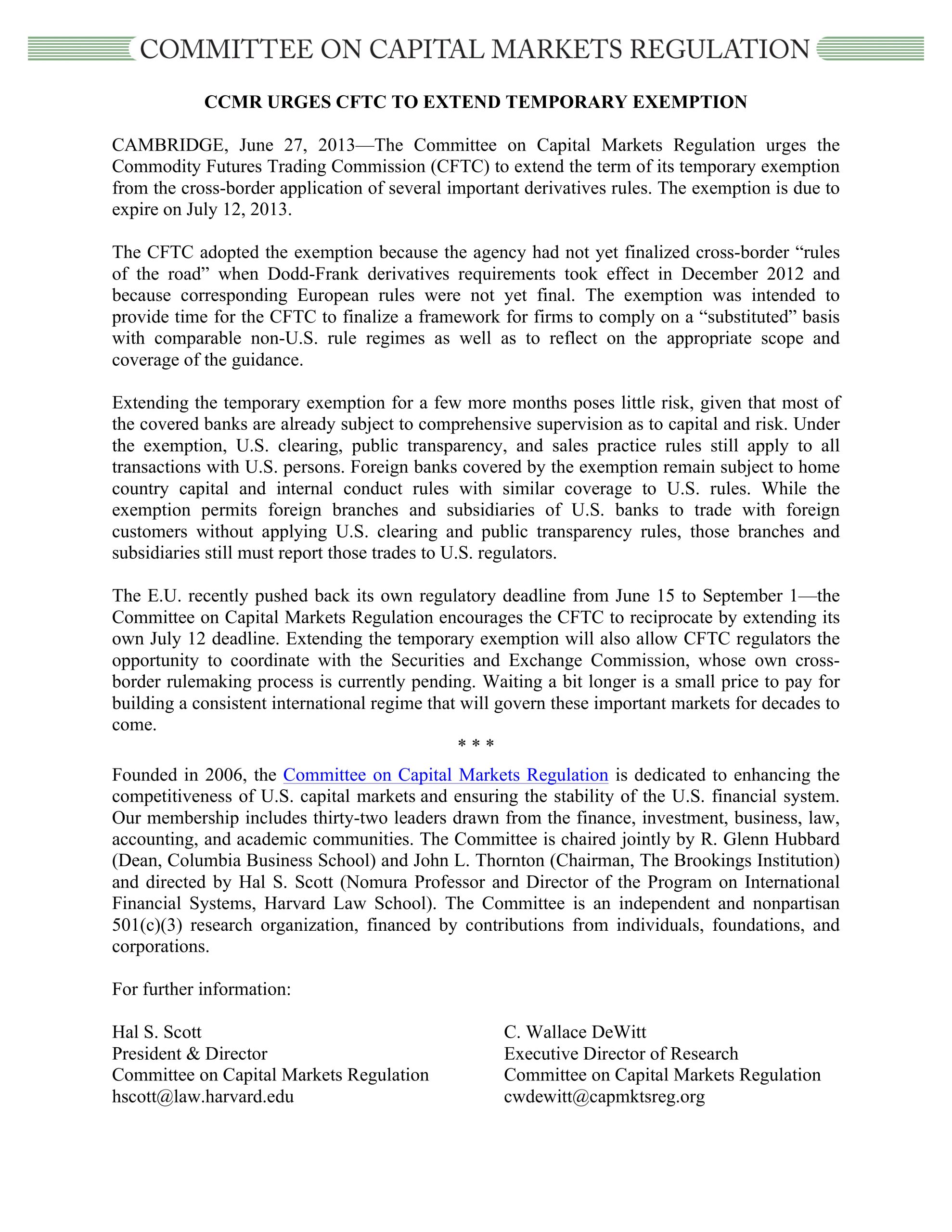 Committee Urges CFTC To Extend Temporary Exemption