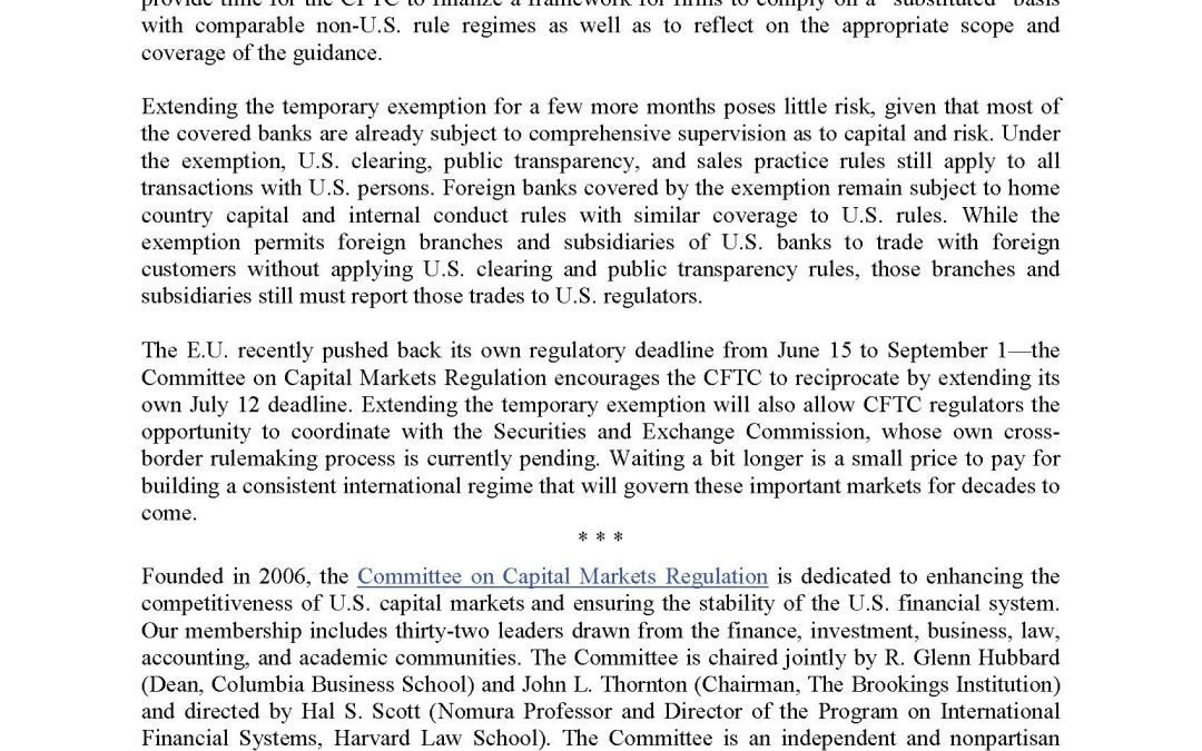 Committee Urges CFTC To Extend Temporary Exemption