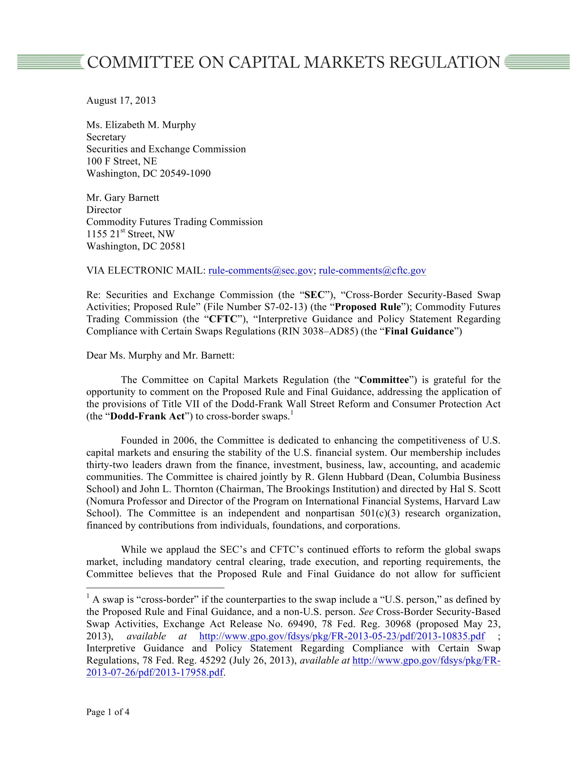 Comment Letter to the SEC and CFTC on Their Proposed Rule and Final Guidance on Cross-Border Swaps