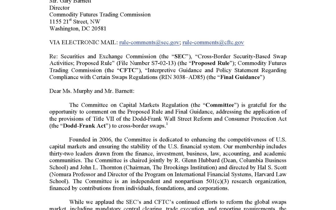 Comment Letter to the SEC and CFTC on Their Proposed Rule and Final Guidance on Cross-Border Swaps
