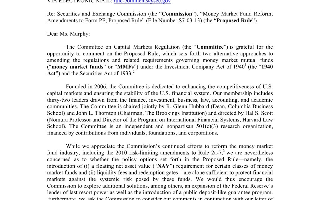 Comment Letter to the SEC on its Proposed Rule on Money Market Mutual Fund Reform
