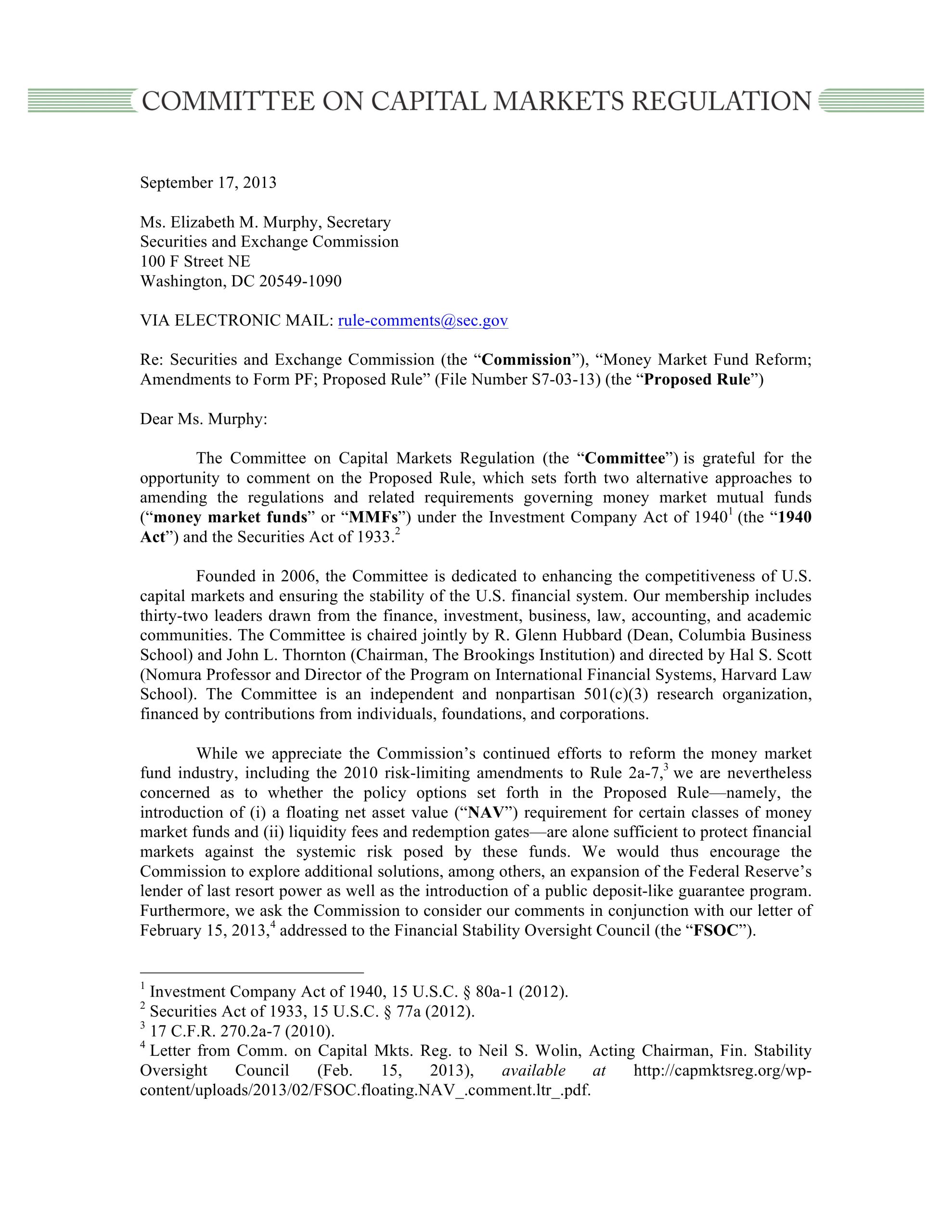 Comment Letter to the SEC on its Proposed Rule on Money Market Mutual Fund Reform