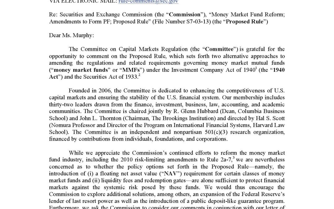 Comment Letter to the SEC on its Proposed Rule on Money Market Mutual Fund Reform