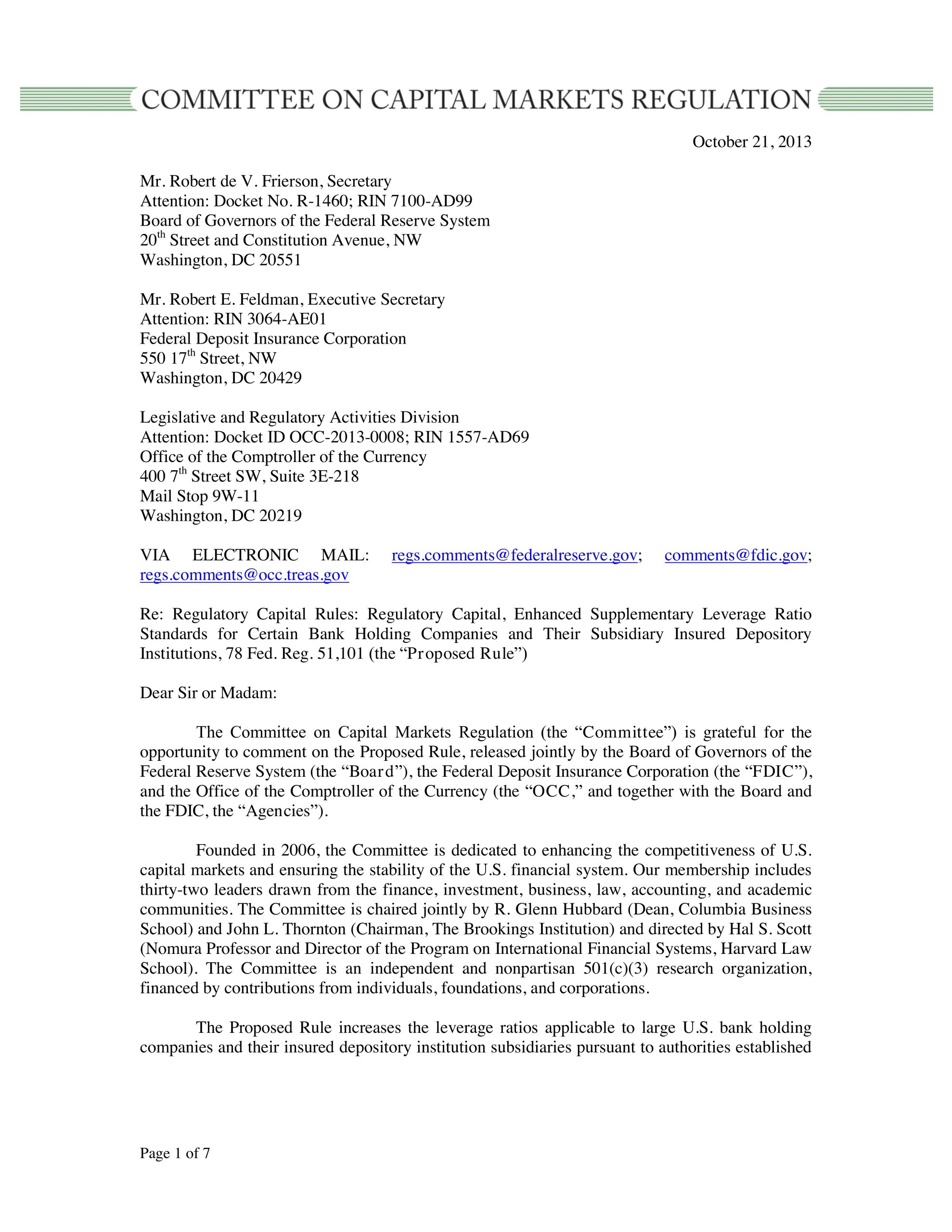 Comment Letter to the FDIC & OCC on Proposed Rule to Increase the Supplementary Leverage Ratio for Large U.S. Bank Holding Companies