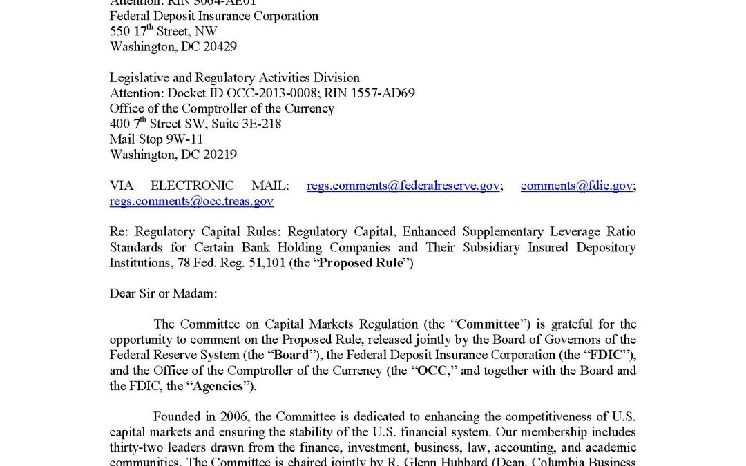 Comment Letter to the FDIC & OCC on Proposed Rule to Increase the Supplementary Leverage Ratio for Large U.S. Bank Holding Companies