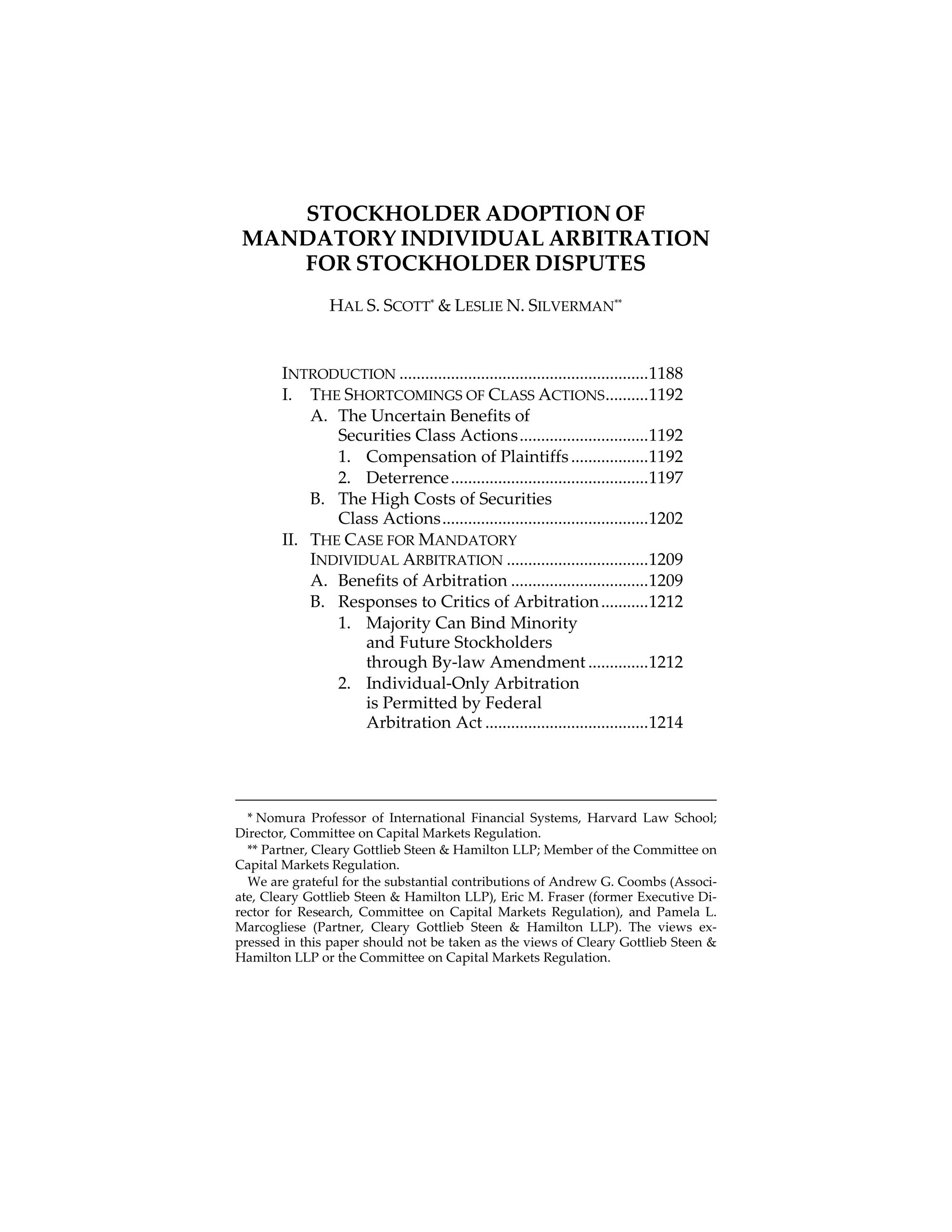 Hal S. Scott and Leslie N. Silverman Publish an Article on Arbitration of Stockholder Disputes