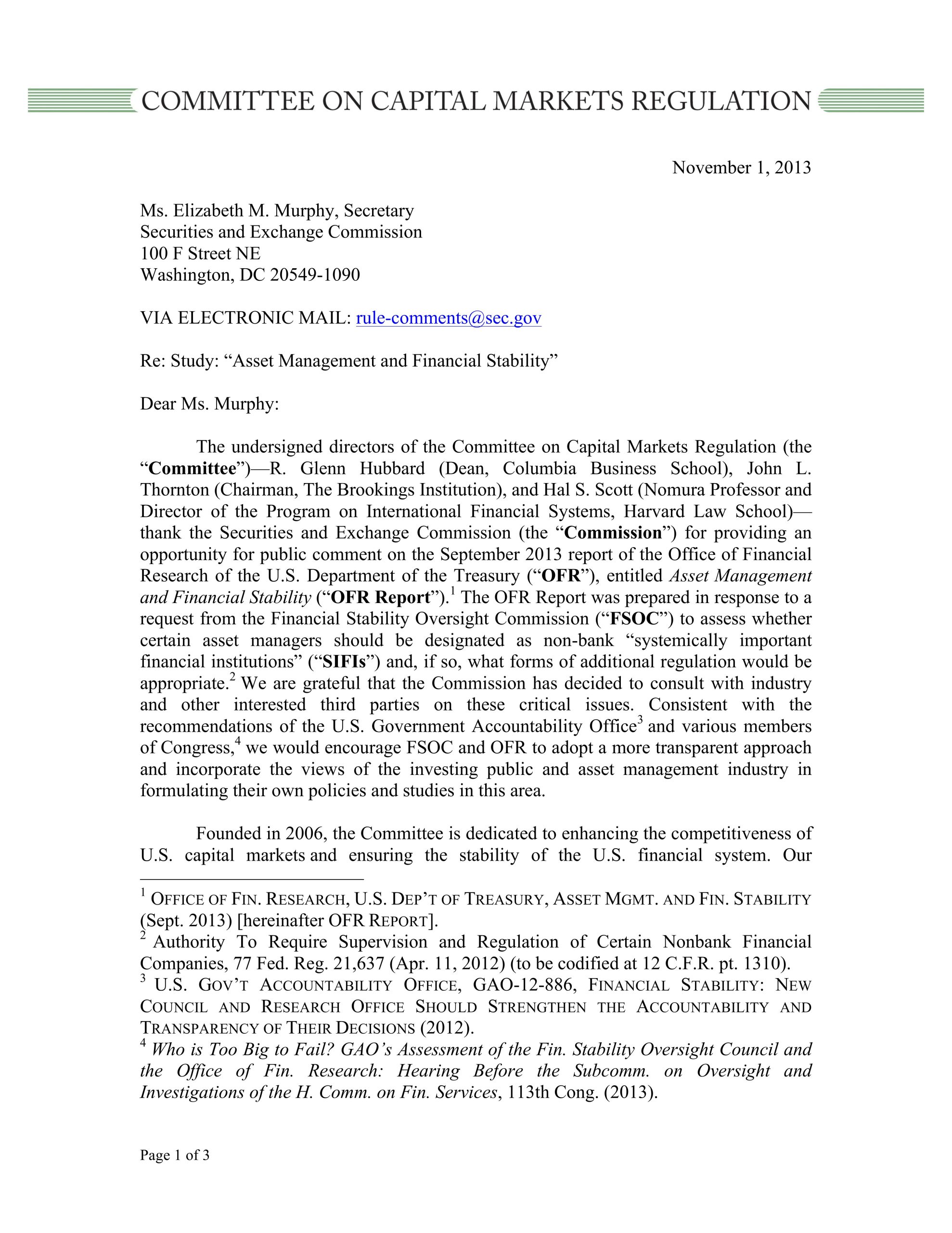 Comment Letter to SEC on OFR Asset Management Report