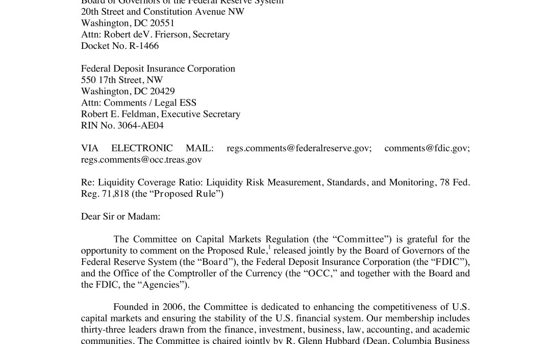 Comment Letter to the OCC, Federal Reserve, & FDIC Regarding Their Proposed Rule on Liquidity Coverage Ratio