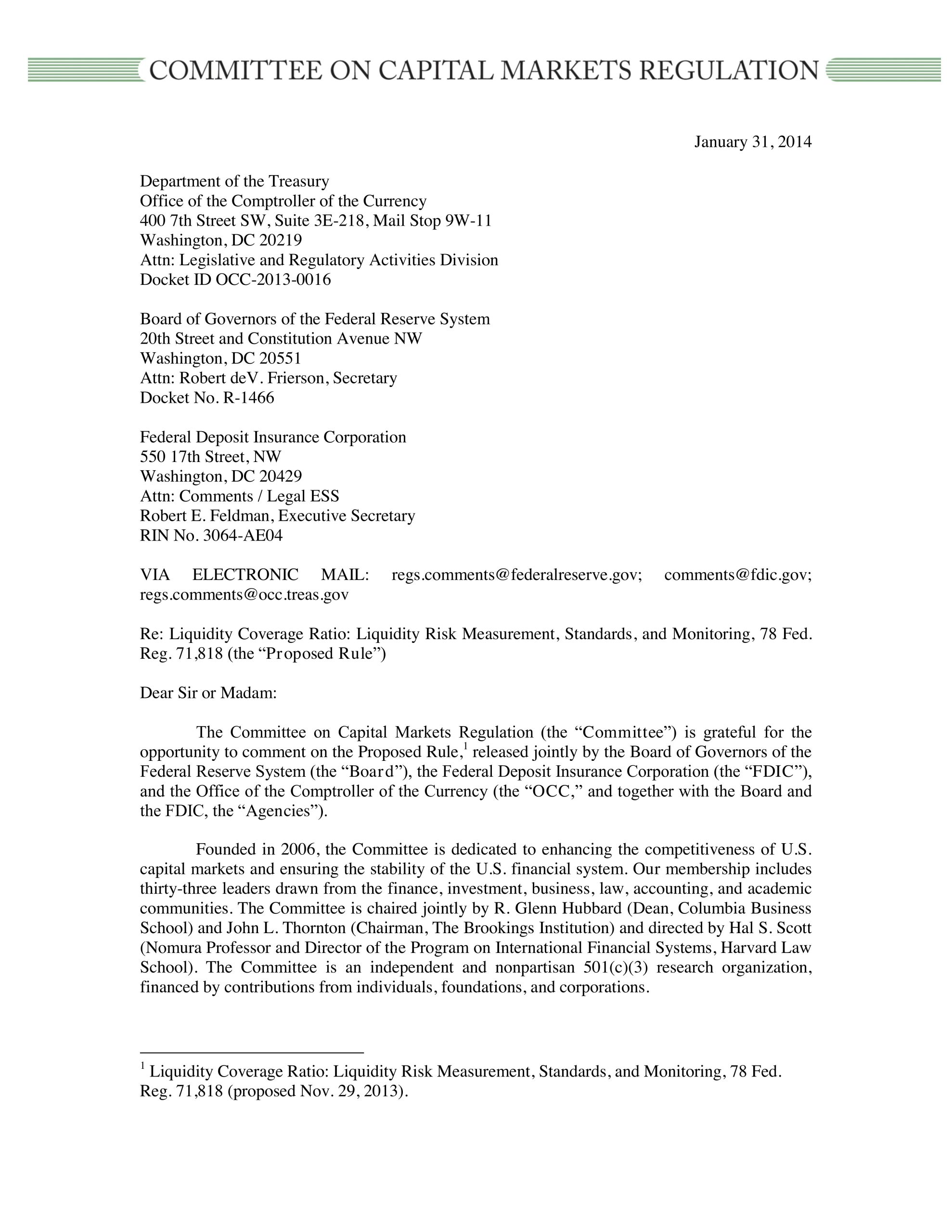 Comment Letter to the OCC, Federal Reserve, & FDIC Regarding Their Proposed Rule on Liquidity Coverage Ratio