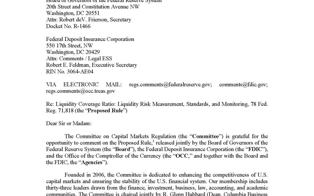 Comment Letter to the OCC, Federal Reserve, & FDIC Regarding Their Proposed Rule on Liquidity Coverage Ratio