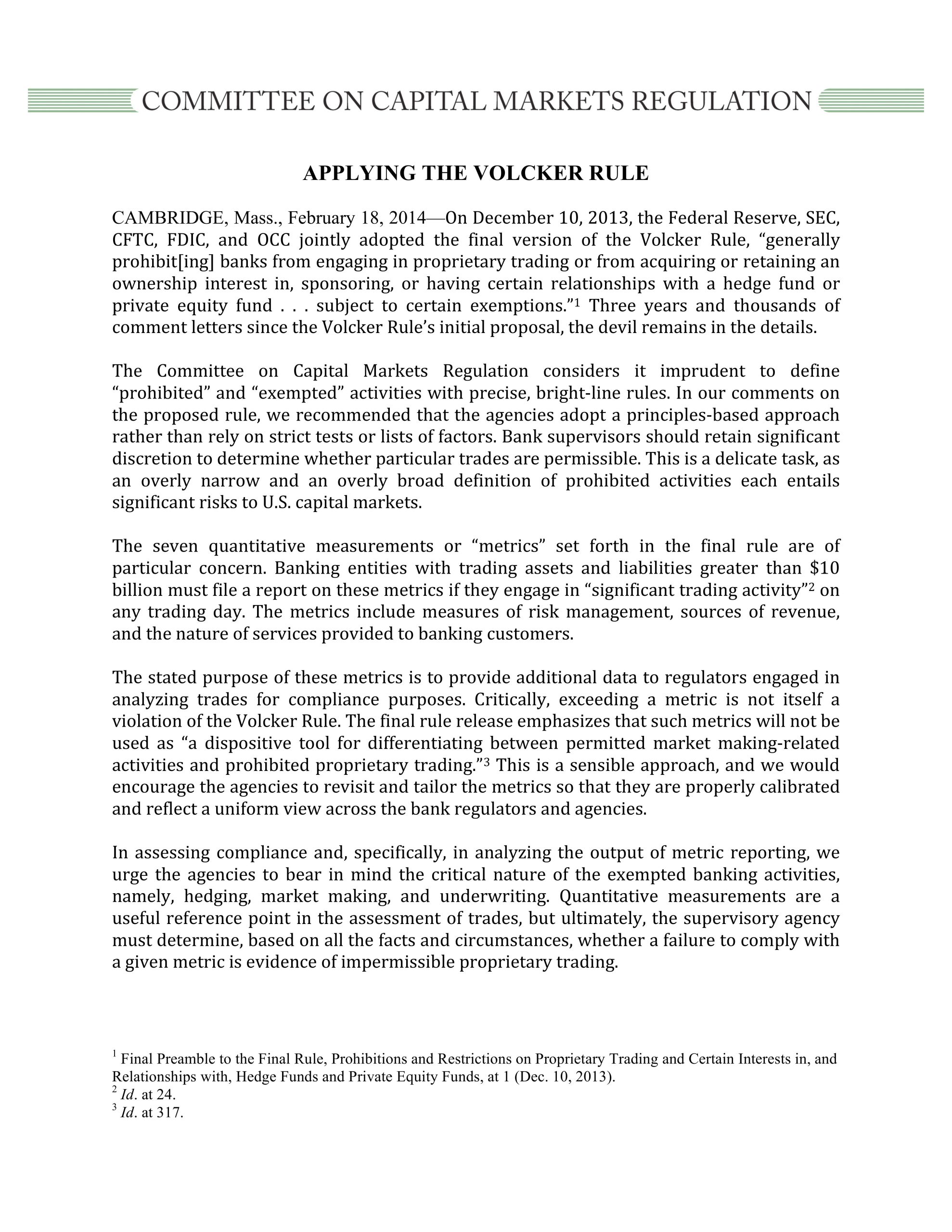 Statement on the Final Version of the Volcker Rule