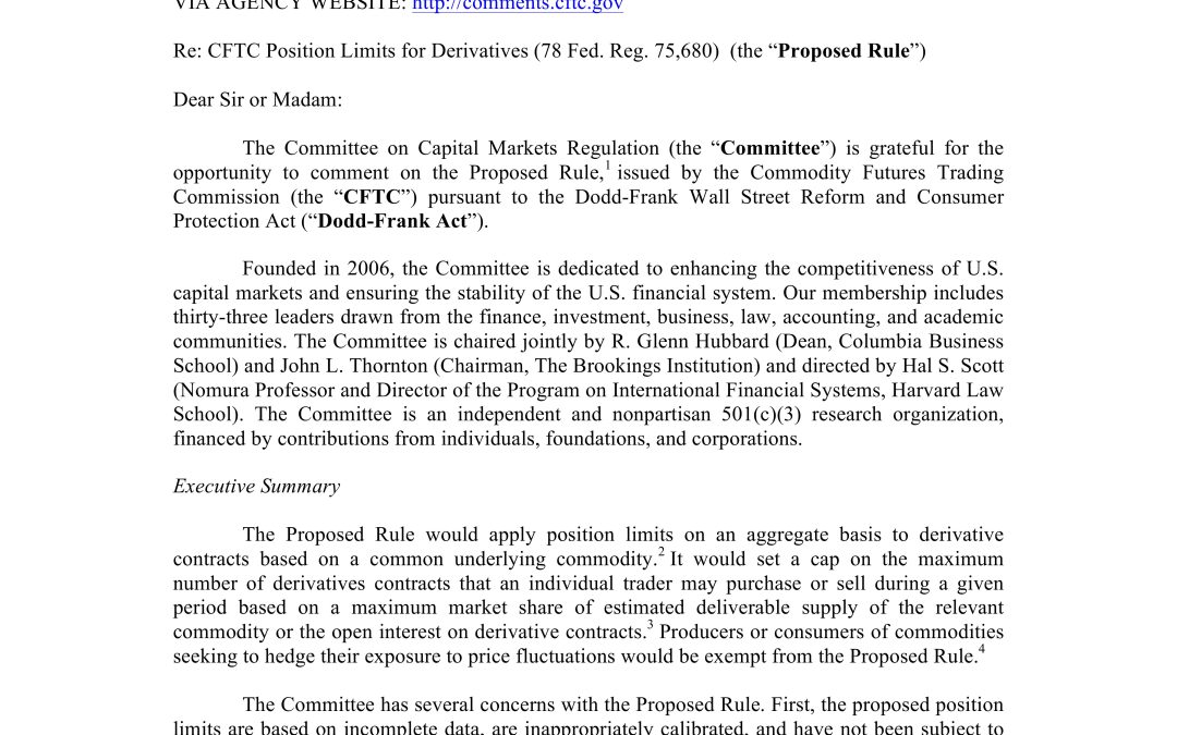 Comment Letter to CFTC on its Proposed Rule Regarding Position Limits for Derivatives