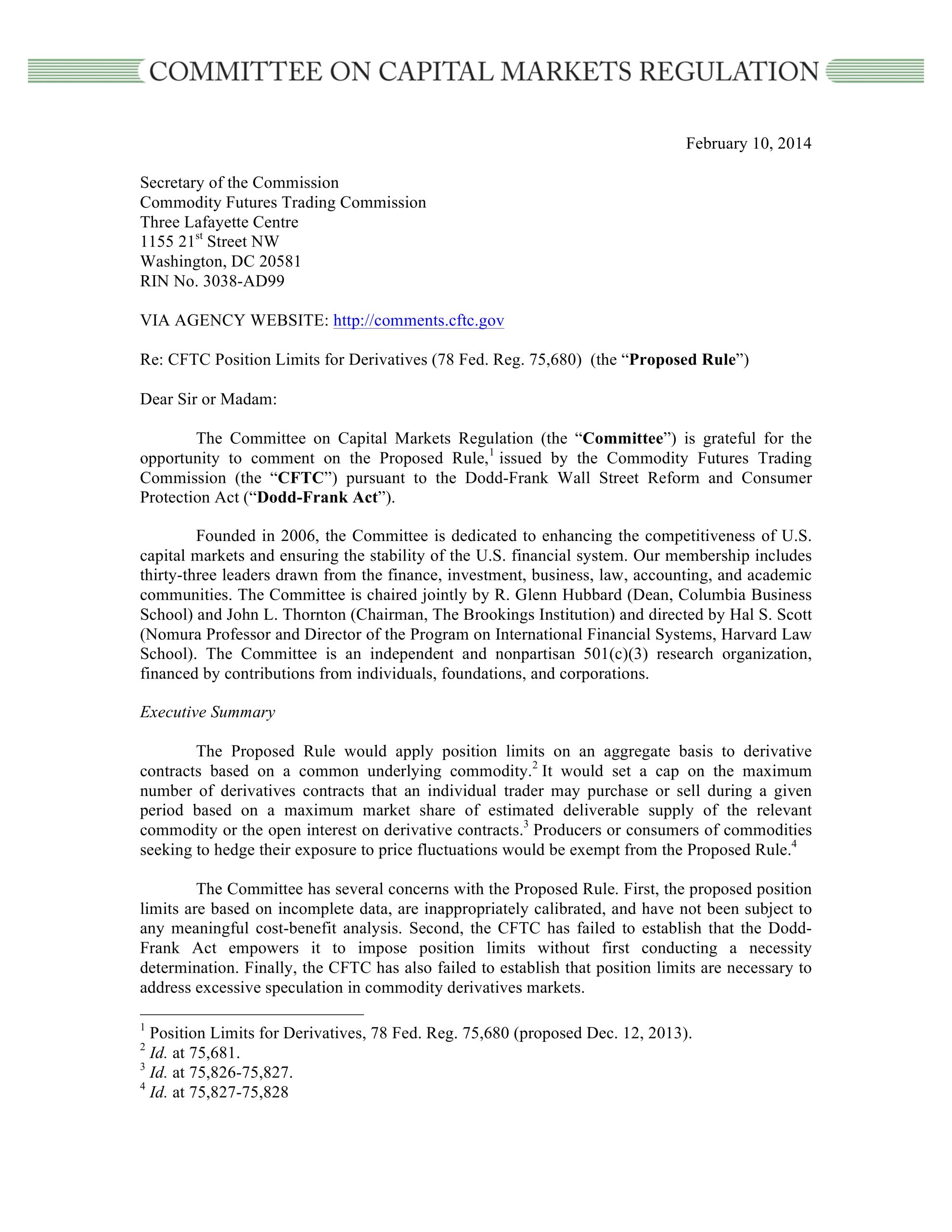 Comment Letter to CFTC on its Proposed Rule Regarding Position Limits for Derivatives