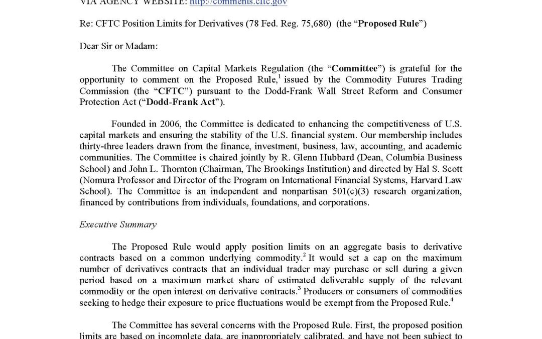Comment Letter to CFTC on its Proposed Rule Regarding Position Limits for Derivatives