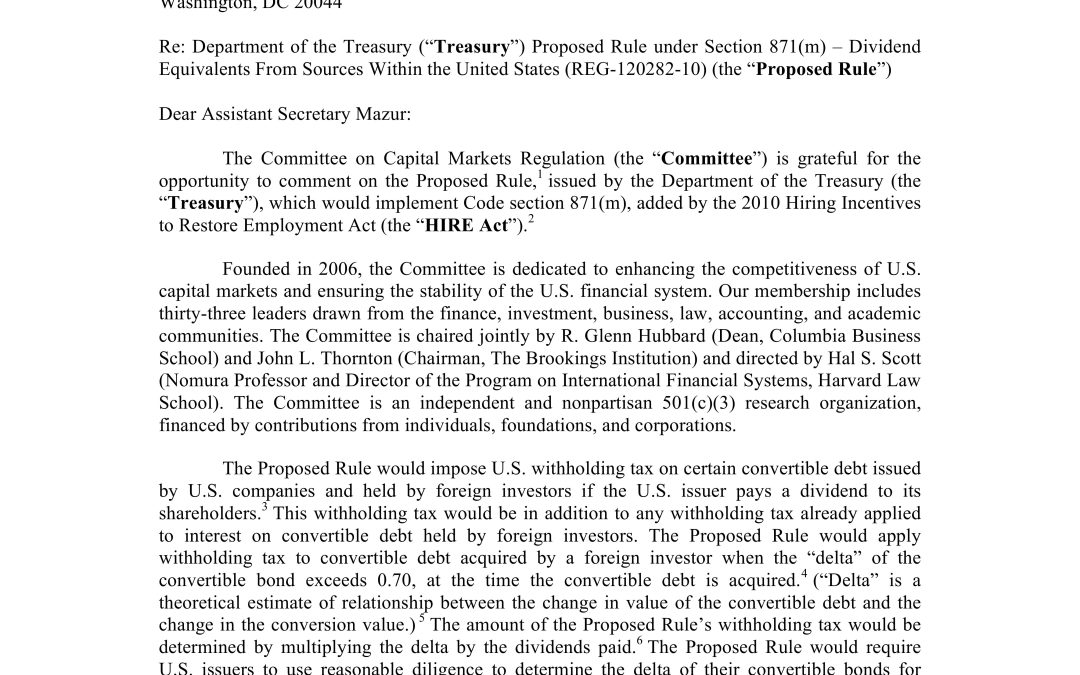 Comment Letter to IRS on Proposed Rule’s Negative Effects on the Attractiveness of Convertible Debt to Foreign Investors