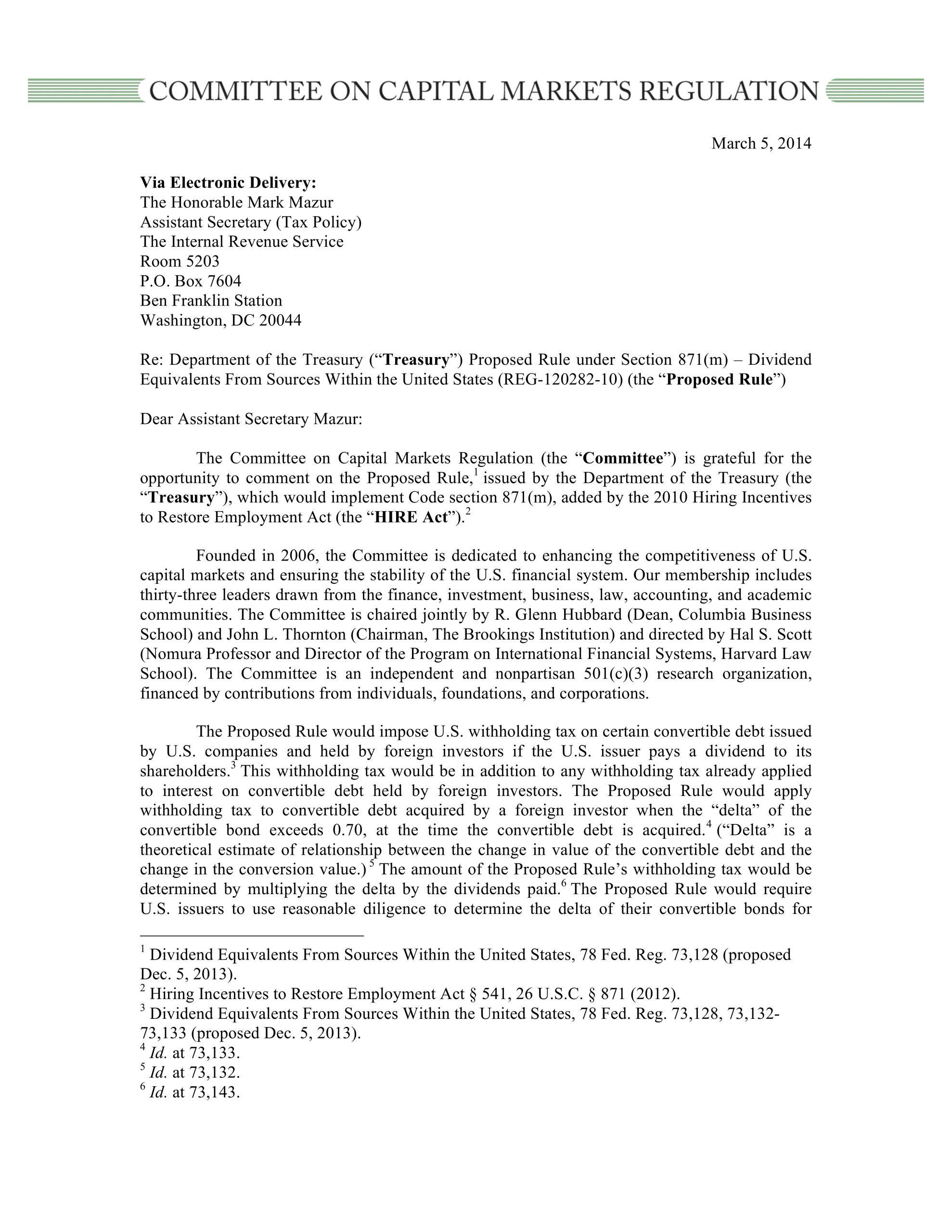 Comment Letter to IRS on Proposed Rule’s Negative Effects on the Attractiveness of Convertible Debt to Foreign Investors