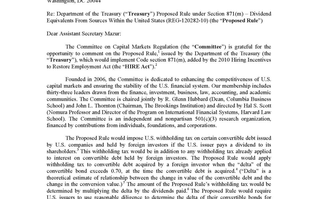 Comment Letter to IRS on Proposed Rule’s Negative Effects on the Attractiveness of Convertible Debt to Foreign Investors