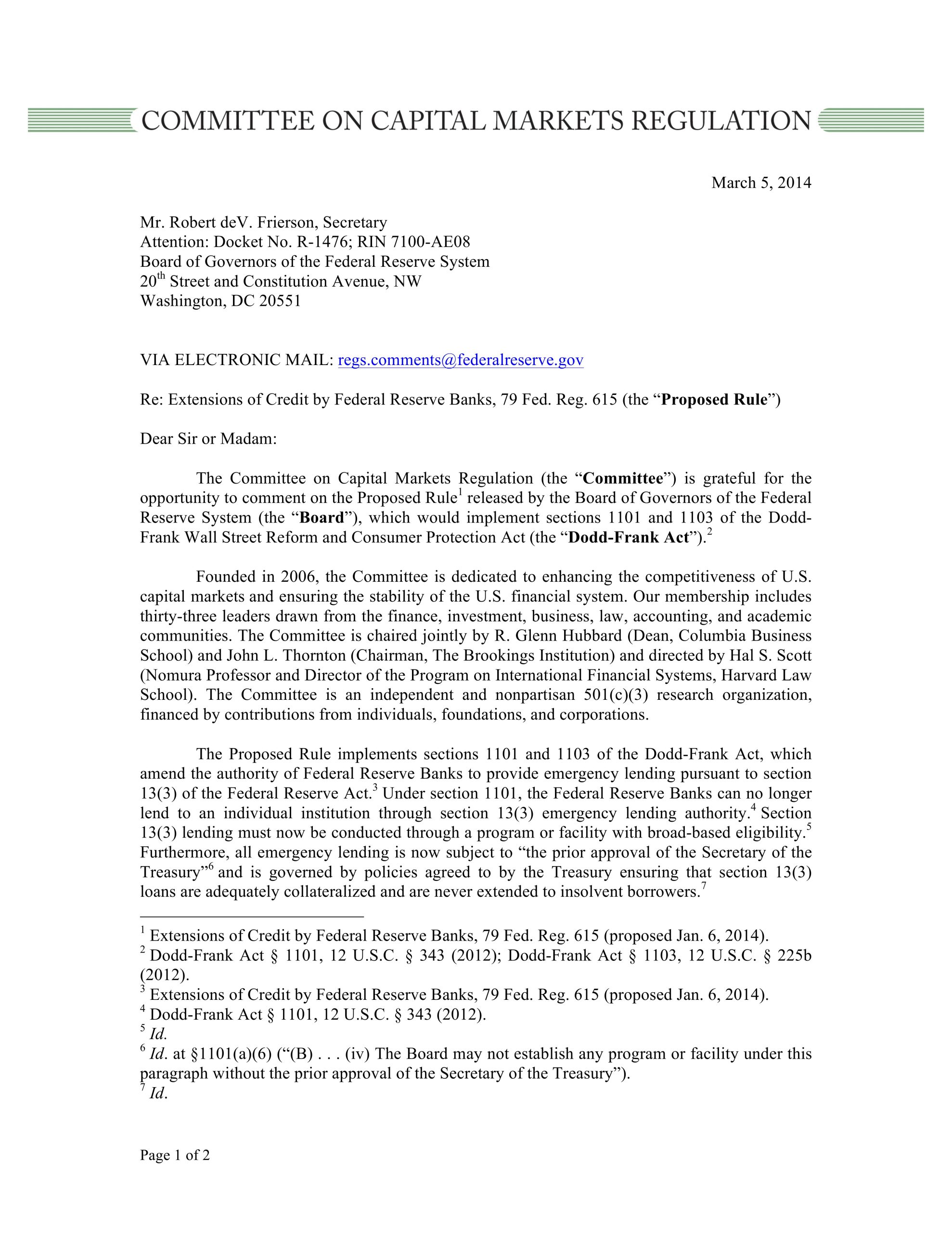 Comment Letter to Federal Reserve on Emergency Lending Proposal