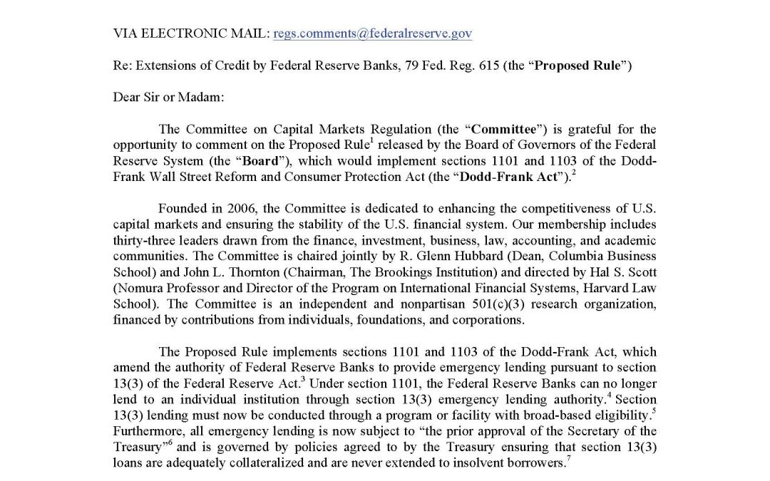 Comment Letter to Federal Reserve on Emergency Lending Proposal