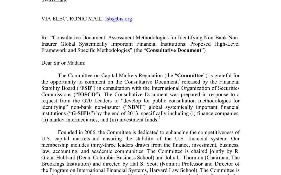 Comment Letter on Non-Bank Non-Insurer G-SIFI Methodologies to FSB/IOSCO