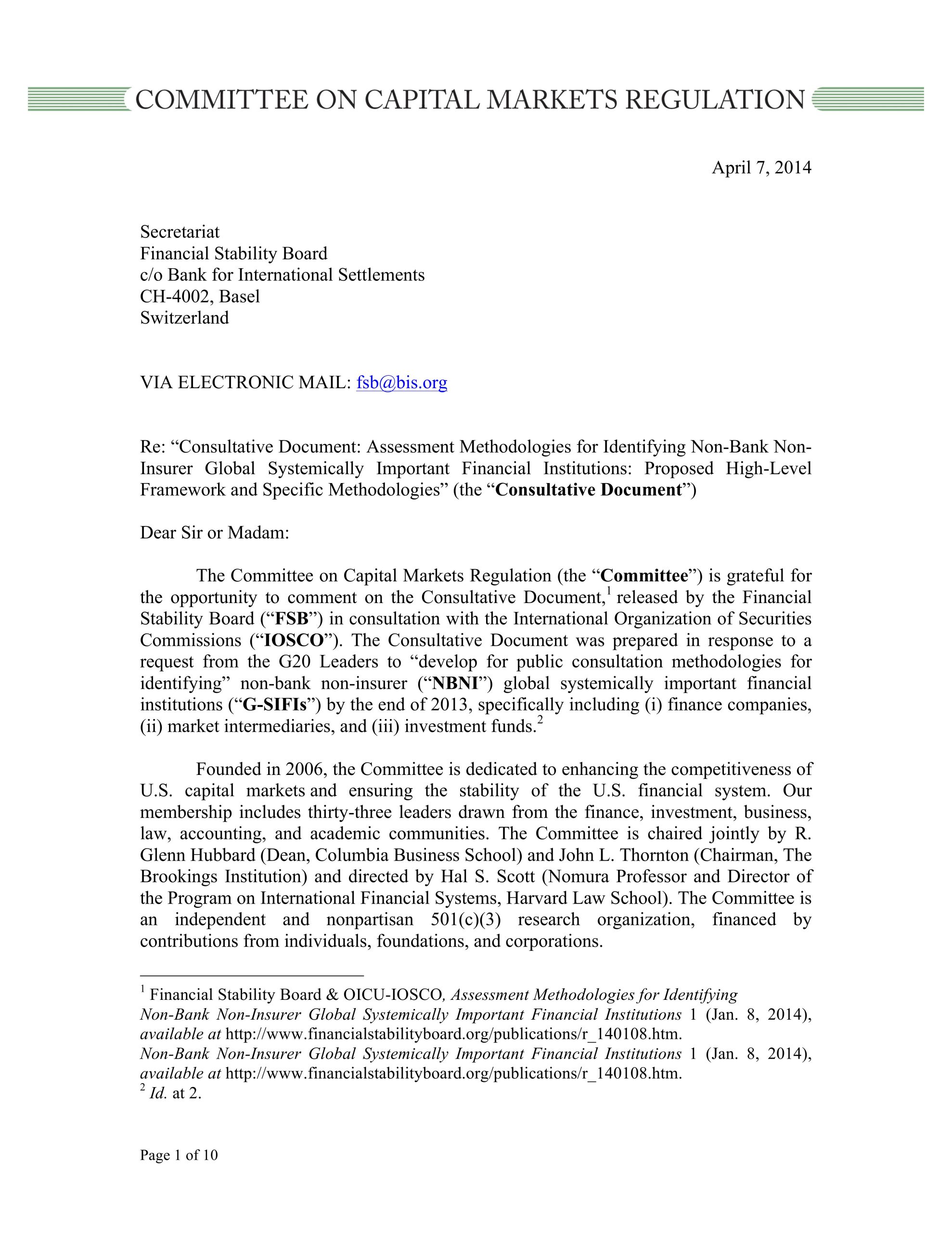 Comment Letter on Non-Bank Non-Insurer G-SIFI Methodologies to FSB/IOSCO