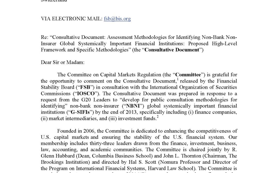 Comment Letter on Non-Bank Non-Insurer G-SIFI Methodologies to FSB/IOSCO