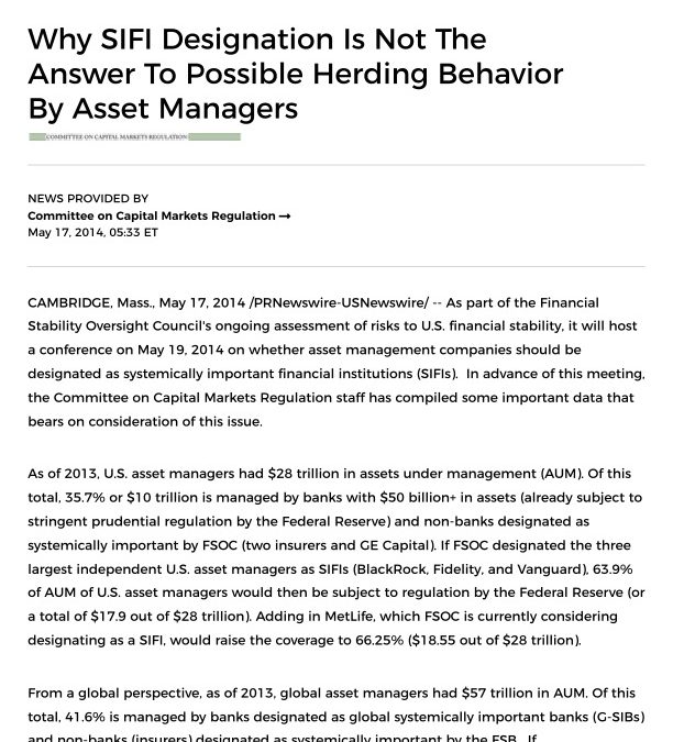 Data on Why SIFI Designation Is Not the Answer to Possible Herding Behavior By Asset Managers