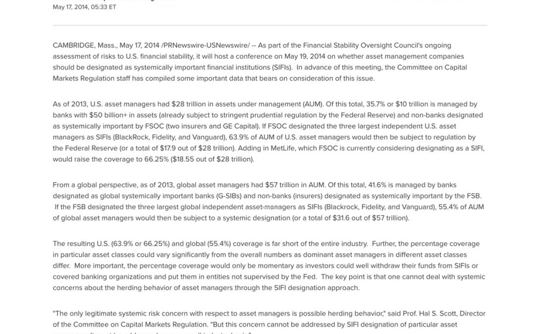 Data on Why SIFI Designation Is Not the Answer to Possible Herding Behavior By Asset Managers