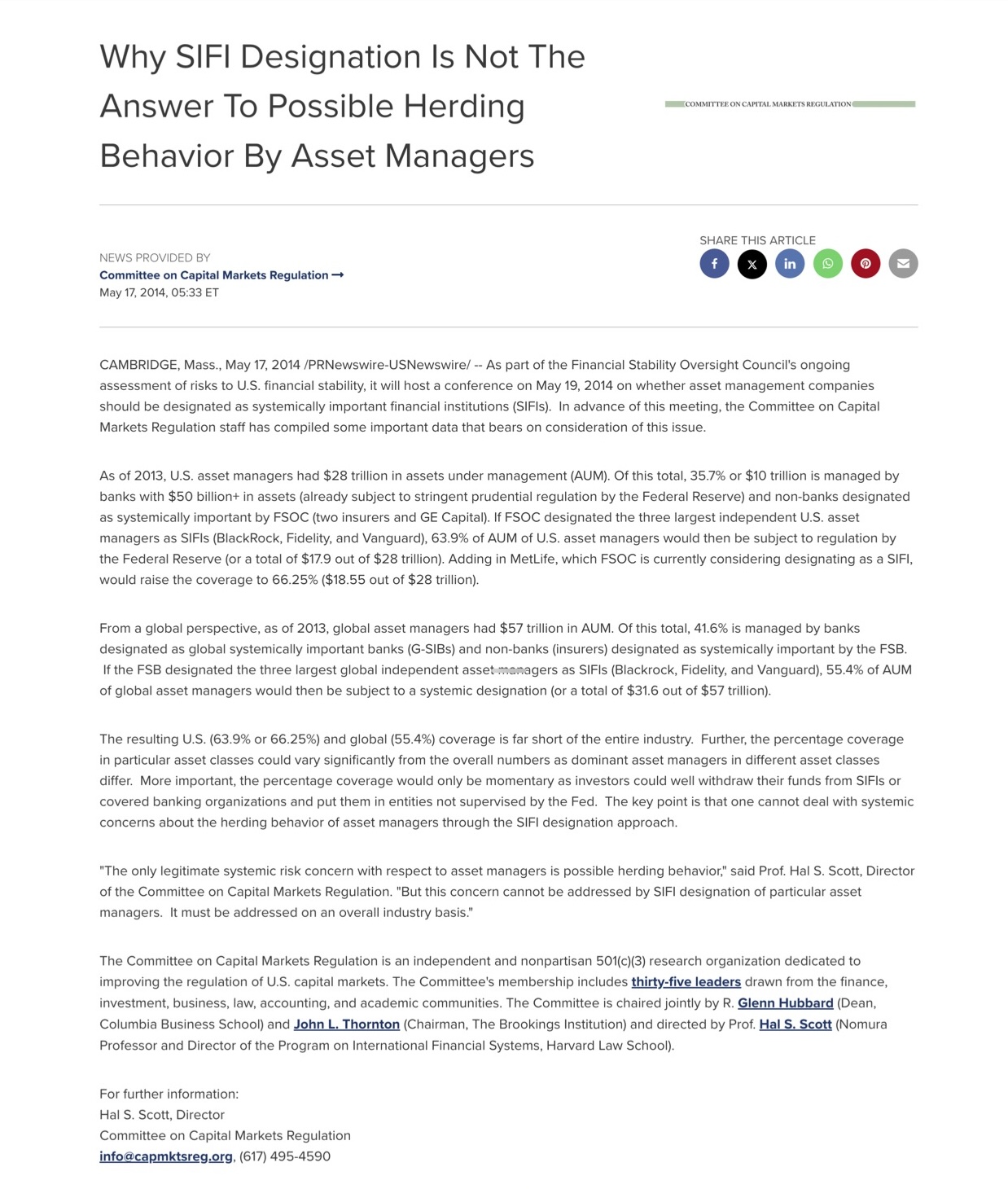 Data on Why SIFI Designation Is Not the Answer to Possible Herding Behavior By Asset Managers