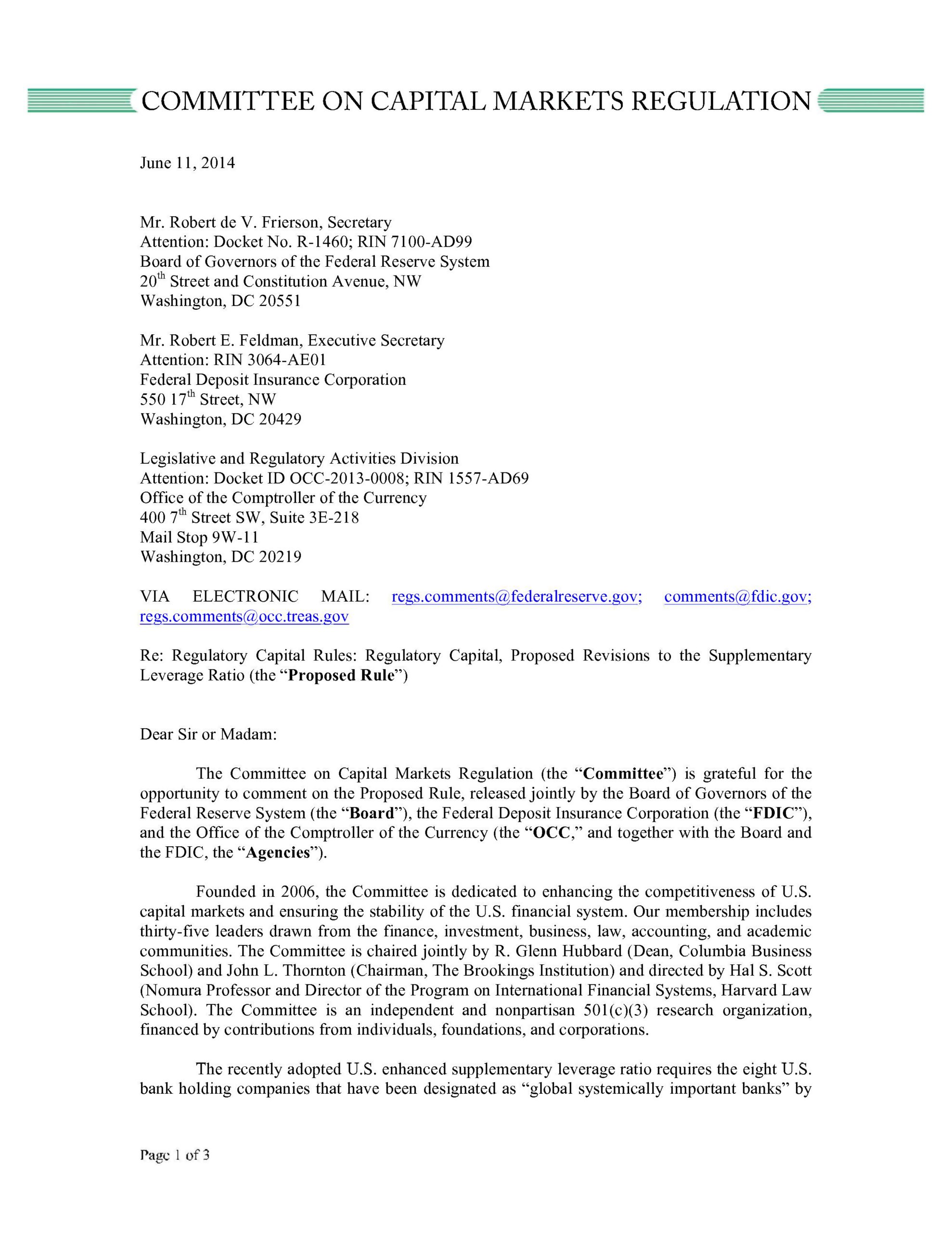 Comment Letter to the Federal Reserve, FDIC, & OCC on Proposed Rule Regarding the Supplementary Leverage Ratio