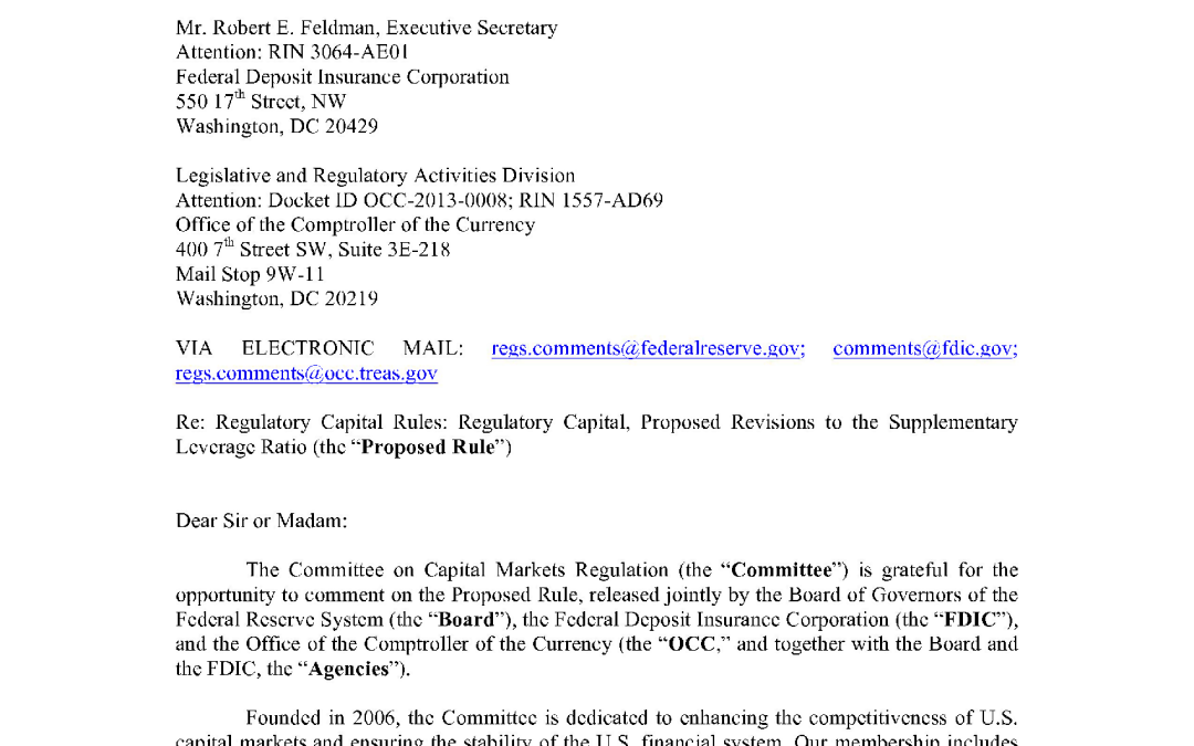 Comment Letter to the Federal Reserve, FDIC, & OCC on Proposed Rule Regarding the Supplementary Leverage Ratio
